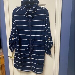 Portocruz women hooded blue white stripes sporty nautical roll tab sleeves waist